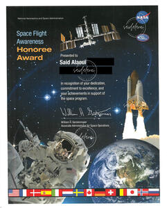 NASA Award "In recognition to your dedication, commitment to excellence, and you achievement in support of the space program"